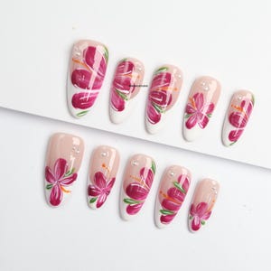 Pink Floral Press-On Nails/ Flower Nails/ Spring Nails/ Luxury Press on Nails/Fairy Nails#285
