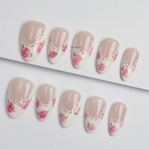 Uñas postizas con diseño de rosas y encaje, uñas florales, uñas de gel 3D, uñas postizas de lujo, uñas Y2K, uñas abstractas, uñas kawaii n.° 284 imagen 1