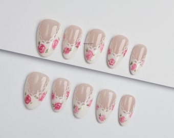 Unghie finte con rose e pizzo/unghie floreali/unghie in gel 3D/unghie finte di lusso/unghie Y2K/unghie astratte/unghie kawaii#284