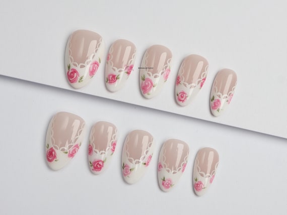 Rose & Lace Press-On Nails/floral nails /3d gel nails/luxury press on nails/y2k nails/abstract nails/kawaii nails#284