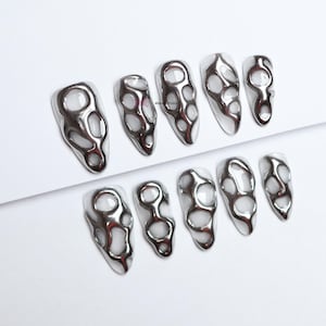 Unhas Postiças Prateadas com Efeito Metalizado Líquido/Unhas Góticas/Unhas Cromadas/Unhas Postiças de Luxo/Unhas Y2K/Unhas Abstratas/Unhas de Aniversário #274 imagem 1