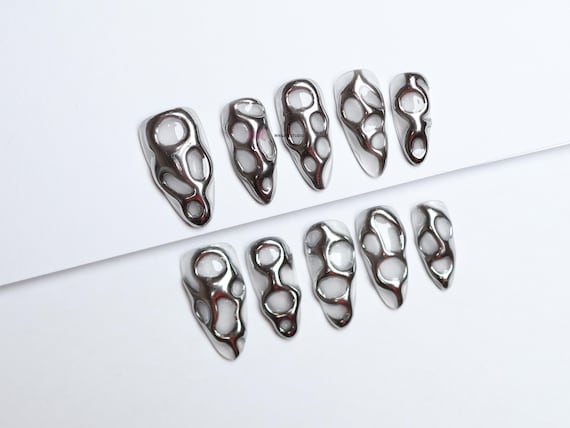 Silver Liquid Metal Press-On Nails/Gothic nails /chrome nails/luxury press on nails/y2k nails/abstract nails/Birthday Nails#274