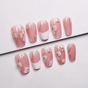 Rosa Floral Marble Press On Nails mit Goldflecken/Abstrakte Nägel/Y2k Nägel/Blumen Nägel/Luxus Nägel/Feder Nägel/Gelbe Nägel#041