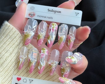 Floral Finesse: Blossom-Inspired Press On Nails with Gem Accents/xxl nails/kpop nails/japanese nails/hand painted nails/flower nails#85