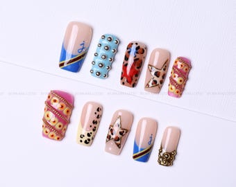 Y2K Leopard Press On Nails | Rhinestone, Star, Blue French Tip, Handmade