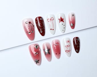 Rot 3D Press On Nails: Y2K Abstrakte Acrylnägel