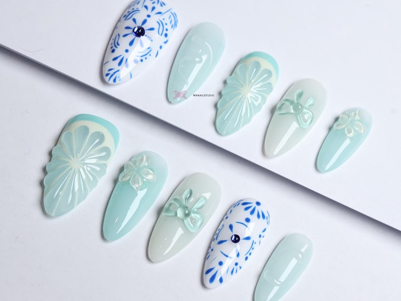 Blue Floral Press-On Nails: 3D Gel, Y2K Style, Set of 10 image 2