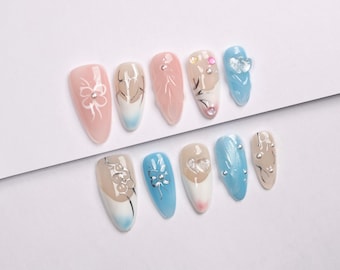 Pastell Blaue 3D Press-On Nägel: Herz & Bogen Y2K Jelly Nails