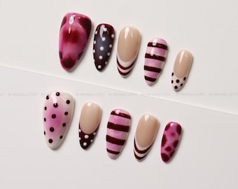 Burgundy and Pink Press On Nails, Polka Dots, Stripes and French Tips