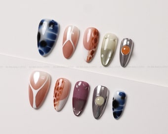 Abstract Press On Nails, Blue Marble, Chrome and Earth Tone Mix