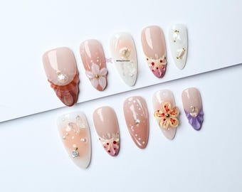 3D Floral Press On Nails /kawaii nails/gyaru nails/jelly nails/y2k nails/abstract nails/Floral Nails#267