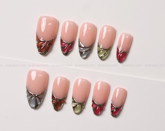 Stained Glass French Tip Press On Nails with Multicolor Petals and Metallic Outlines