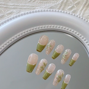 Green Tea French Tip Press On Nails with Floral Accents/ Flower Nails/ Spring Nails/ Luxury Press on Nails/Fairy Nails#061