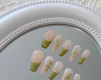 Green Tea French Tip Press On Nails with Floral Accents/ Flower Nails/ Spring Nails/ Luxury Press on Nails/Fairy Nails#061