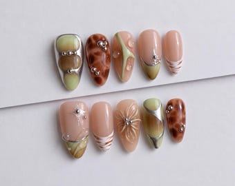 Olive Green Tortoiseshell Press On Nails with Silver Chrome and 3D Floral Details