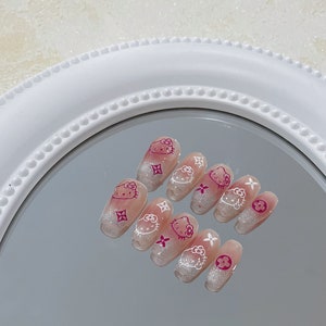 Pink Glitter Press On Nails/ cartoon Nails/Anime Nails/Sanrio Nails/Kawaii Nails/Reusable Nails/Cute Nails#012