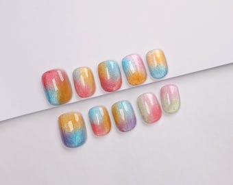 Regenbogen Farbverlauf Press-On Nägel, Jelly Cat Eye Stil