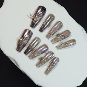 Bronze Long Coffin Press-On Nails with Crystal Charms and Chain Details/abstract nails/xxl press on nails/gothic nails/y2k nails#022