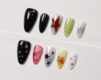 Mismatched Press On Nails, Colorful Stars, Flowers and Polka Dots