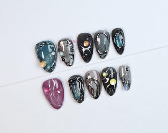 Uñas postizas de inspiración galáctica/Uñas de ojo de gato/Uñas de gel 3D/Uñas postizas de lujo/Uñas Y2K/Uñas abstractas/Uñas geniales n.° 278