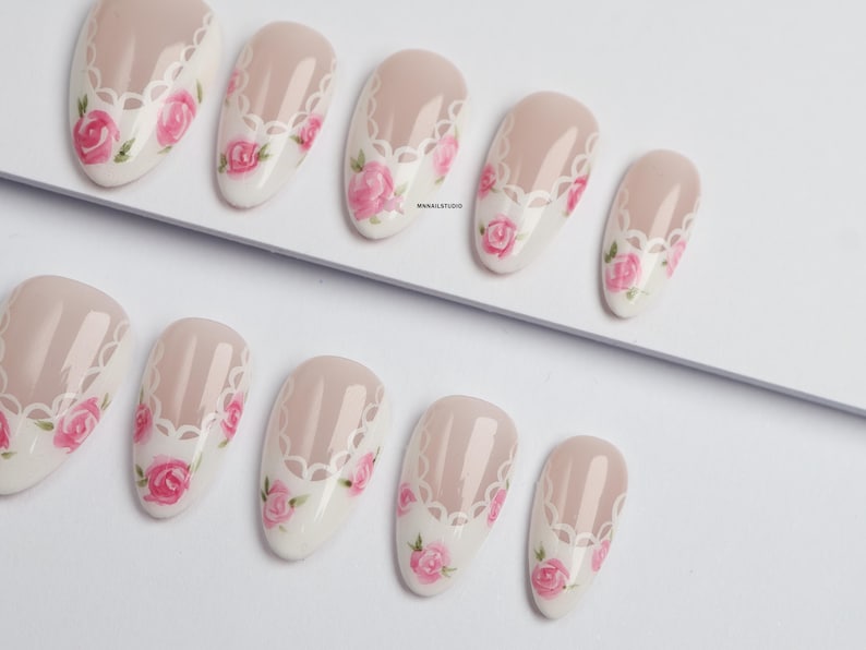Uñas postizas con diseño de rosas y encaje, uñas florales, uñas de gel 3D, uñas postizas de lujo, uñas Y2K, uñas abstractas, uñas kawaii n.° 284 imagen 3