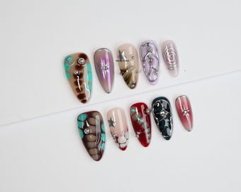 Hand Painted Retro-Futurist Press On Nails, Gothic Y2K Style