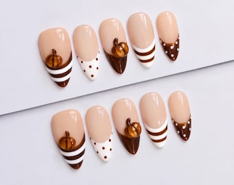 Halloween Press On Nails with 3D Pumpkins, Brown French Tips and Polka Dots
