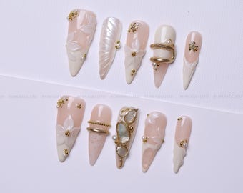 White Floral Press On Nails | Pearl, Gold Starfish, 3D Texture, Bridal Handmade
