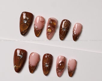 Bronze Cat Eye Press On Nails with 3D Metallic Details and Starbursts