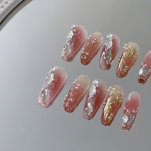 Uñas postizas rosas y doradas brillantes/Uñas adhesivas/Uñas Y2K/Uñas góticas/Uñas kawaii/Uñas Kpop/Uñas reutilizables/Uñas postizas de lujo n.° 018