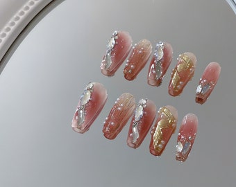 Sparkly Pink and Gold Press on Nails/Glue on Nails/y2k Nails/gothic nails/Kawaii Nails/Kpop Nails/Reusable Nails/luxury press on nails#018