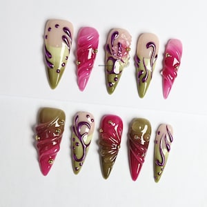 3D Swirl Stiletto Press On Naglar: Grön Gelé Y2K-stil