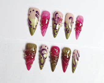 3D Swirl Stiletto Press On Nails: Green Jelly Y2K Style