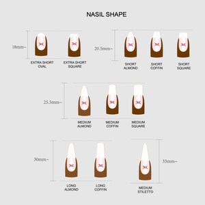 The image is a nail shape chart that provides different nail shape options and their corresponding nail length. It includes short, medium, and long oval nails, as well as short almond, coffin, and square nails. The chart provides a visual representation of the nail shape and its corresponding length, making it easier for nail technicians to identify and choose the appropriate nail shape for their clients.