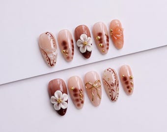 Brown and Nude Press On Nails with 3D Flowers and a Gold Bow