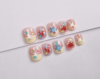 Hand Painted Press On Nails: Blush Yellow Star Print, Kawaii Korean Nails