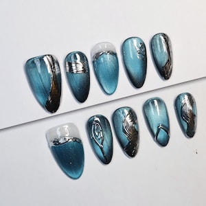 Uñas postizas metálicas Cat Eye/Uñas Y2K/Uñas de fiesta/Uñas de Halloween/Uñas góticas/Uñas de hadas #234