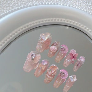 Soft Pink Pastel Press On Nails with Moon, Rose, and Butterfly Accents/cute Nails/Kawaii Nails/Press on Nails UK/False Nails/#078