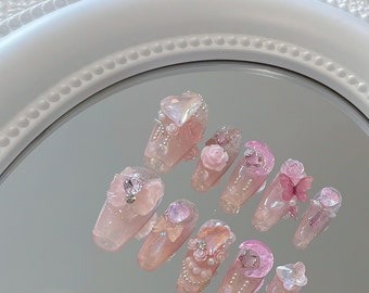 Soft Pink Pastel Press On Nails with Moon, Rose, and Butterfly Accents/cute Nails/Kawaii Nails/Press on Nails UK/False Nails/#078