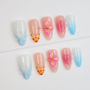 Blue and Pink Floral 3D Press On Nails /Floral 3D Press On Nails/luxury press on nails/jelly nails/y2k nails/abstract nails/Floral Nails#023