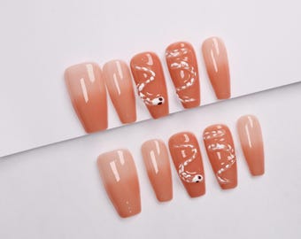 Pfirsich Farbverlauf Schlange Press-On Nägel, 3D Kawaii Jelly Nägel