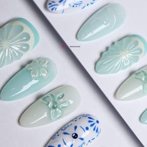Blue Floral Press-On Nails: 3D Gel, Y2K Style, Set of 10 image 3