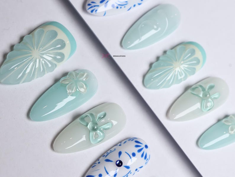 Blue Floral Press-On Nails: 3D Gel, Y2K Style, Set of 10 image 3