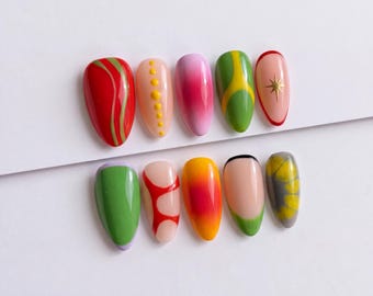 Colorful Abstract Press On Nails with Aura Gradients, Swirls and 3D Dots