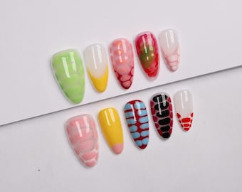 Presse texturée 3D colorée sur les ongles, jeu d'ongles abstraits de l'an 2000
