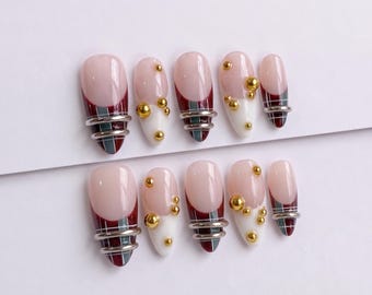 Burgundy Plaid French Tip Press On Nails with Silver Rings and Gold Beads