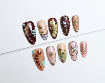 Boho-Inspired Press-On Nails/Gothic nails /Hand painted Fake Nails/luxury press on nails/y2k nails/abstract nails/Birthday Nails#272