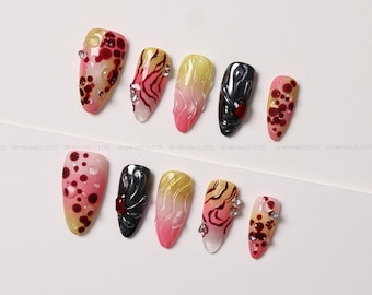 Pink Press On Nails with Red Swirls and 3D Chrome Accents