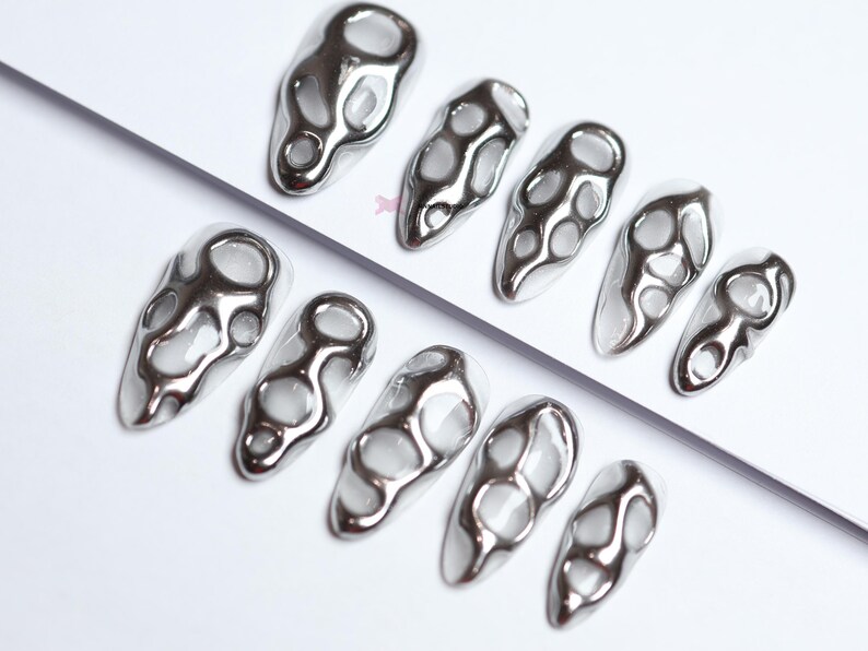 Unhas Postiças Prateadas com Efeito Metalizado Líquido/Unhas Góticas/Unhas Cromadas/Unhas Postiças de Luxo/Unhas Y2K/Unhas Abstratas/Unhas de Aniversário #274 imagem 2