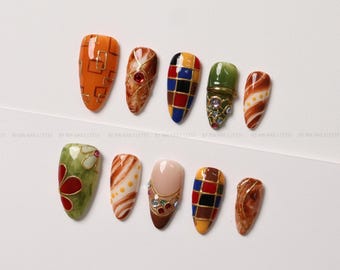 Mosaic Press On Nails, Jewel Tones, Marble and Gold Details